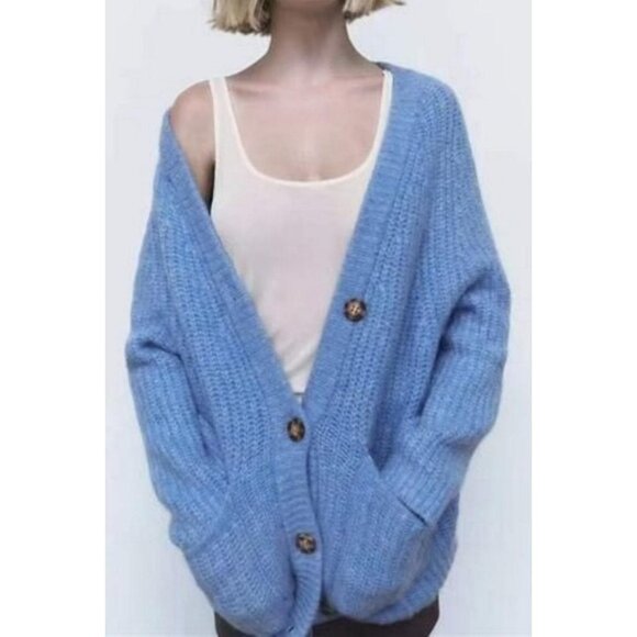 Zara Blue Wool Alpaca blend Rib-Knit Button Oversized Cardigan Sweater - Picture 1 of 9